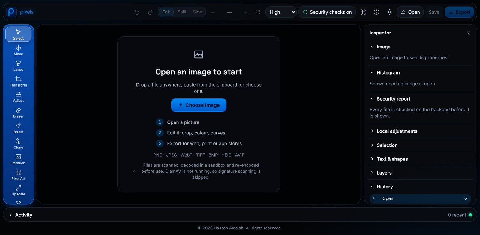 The Pixels editor: tools, canvas and inspector